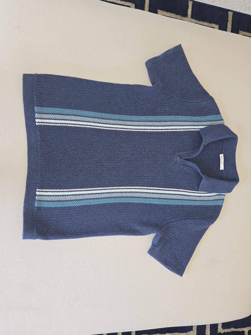Marine Layer Navy Blue Polo with Teal and White Stripes